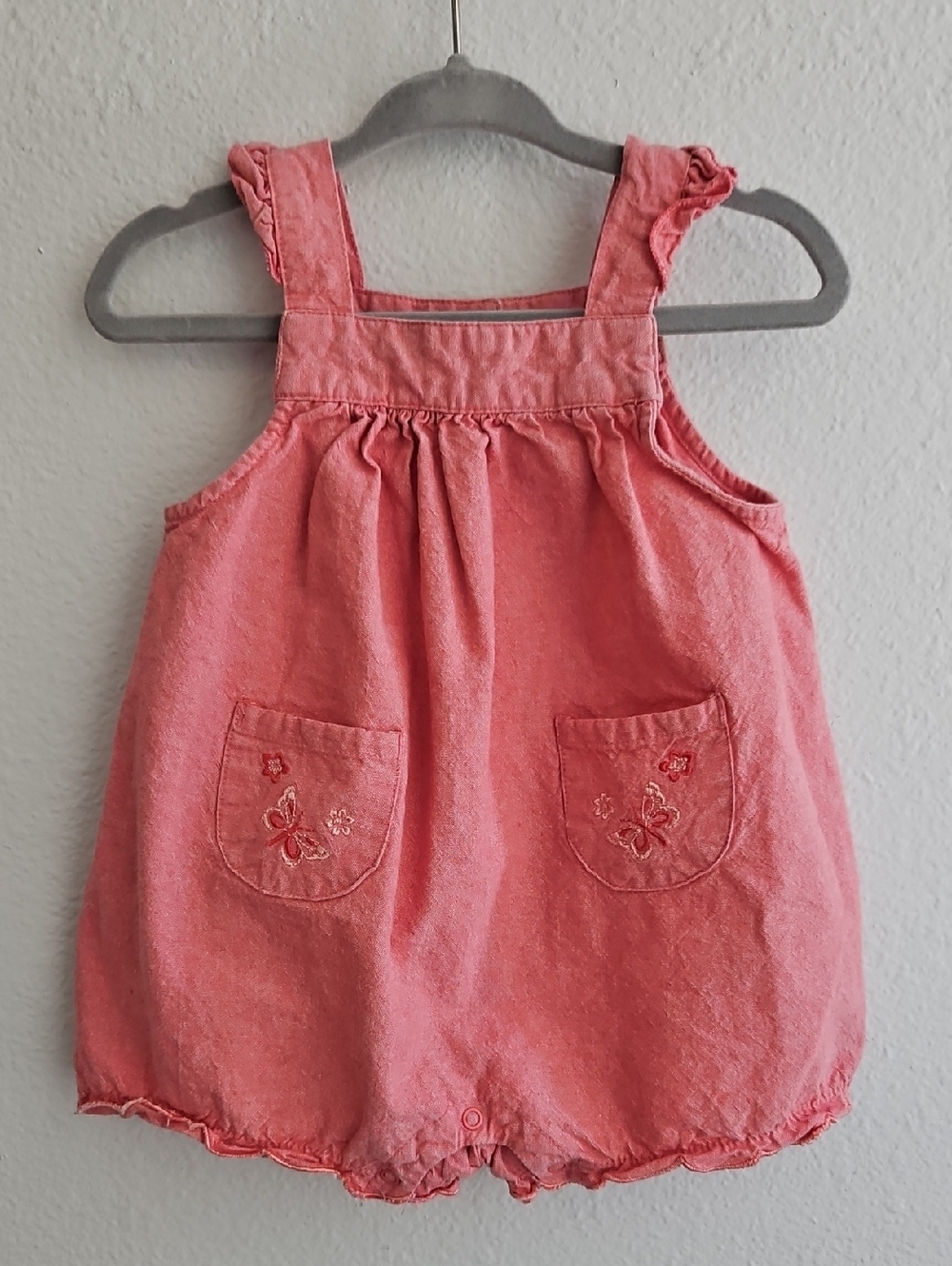 Faded Glory Baby Girls' Coral Pink Romper Butterfly Pockets Size 3 / 6 Months